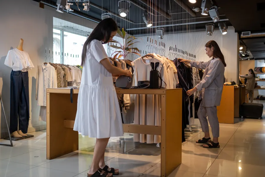 Customers browsing inside a modern retail clothing store